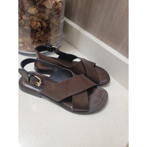 ANN MASHBURN Elegant Brown Slingback Criss Cross Leather Sandals EU 36 US 5.5 - Picture 3 of 7